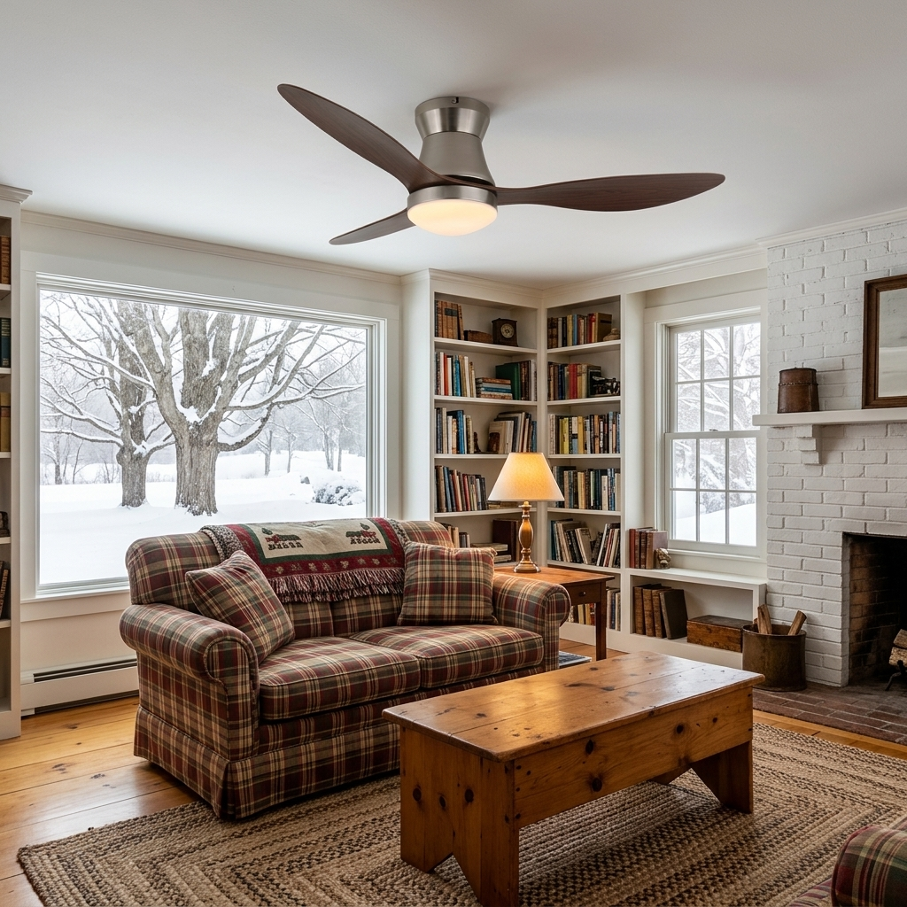 Dorae walnut and nickel ceiling fan light in a cozy farmhouse den