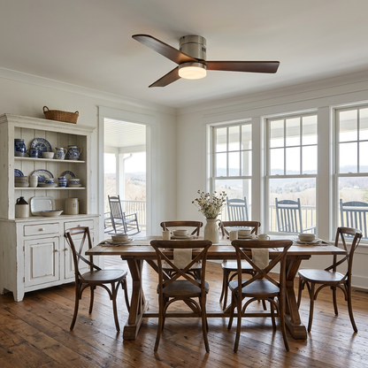 Joliette ceiling fan light Model D above a farmhouse dining table