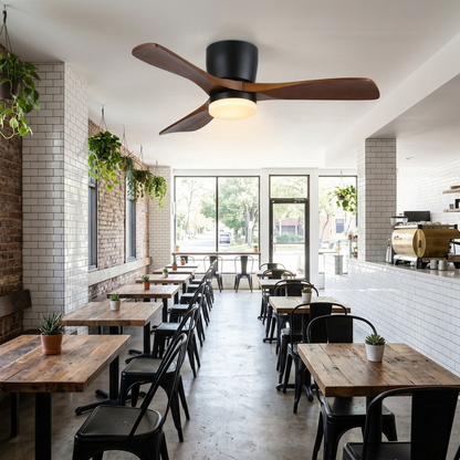 Ilona low profile ceiling fan in Model A Walnut &amp; Black in a cafe