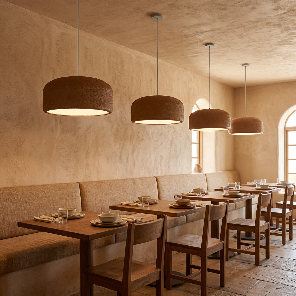 Row of Maelis resin dome pendant lights in Brown in a restaurant banquette