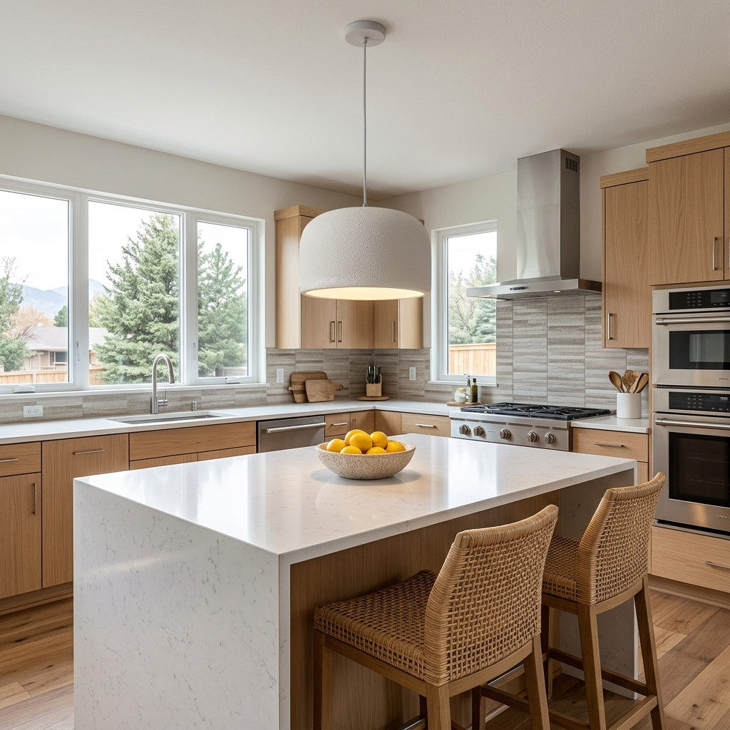 Maelis resin dome pendant light in White over a suburban kitchen island
