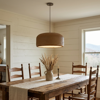 Maelis resin dome pendant light in Brown over a farmhouse dining table