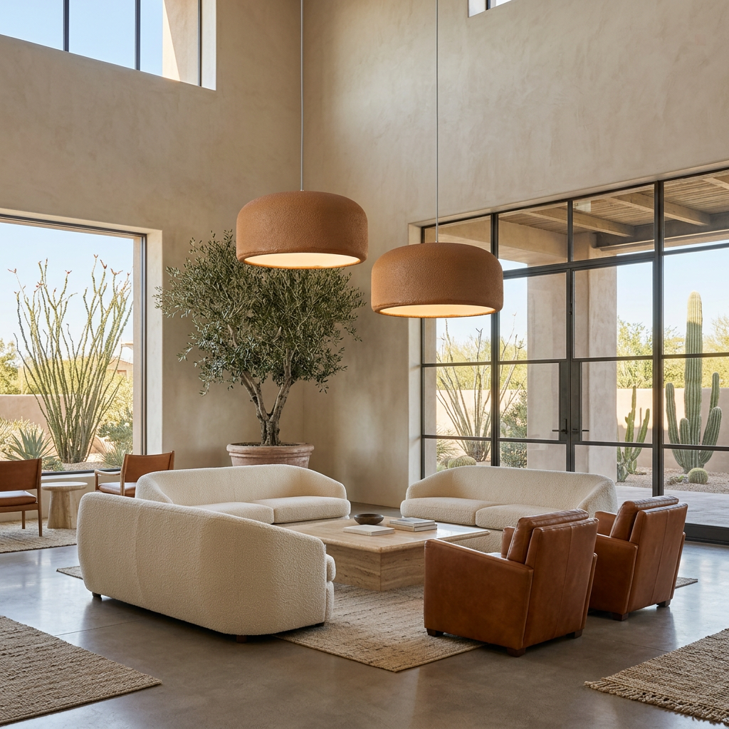 Maelis resin dome pendant lights in Brown in a hotel lobby lounge