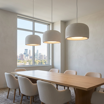 Row of Maelis resin dome pendant lights in White over an office meeting table