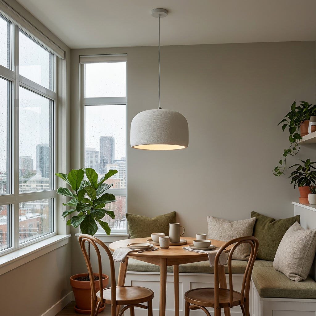 Maelis resin dome pendant light in White over an apartment dining nook