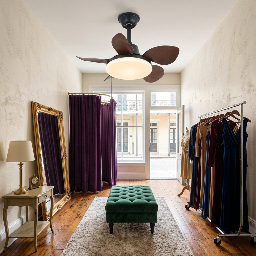 Junon walnut blade ceiling fan Model B in a boutique fitting lounge