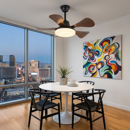 Junon walnut blade ceiling fan Model D in an apartment dining nook