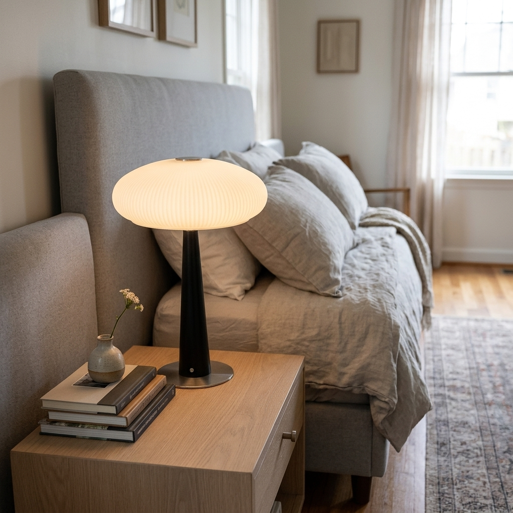 Quintia fluted glass rechargeable LED table lamp on a bedroom nightstand