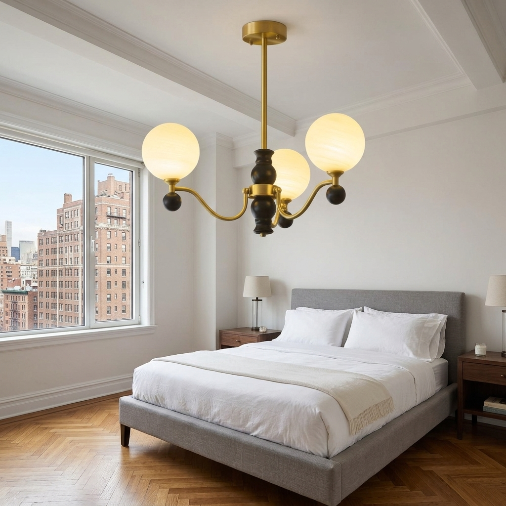 Ulyana brass and walnut glass globe chandelier, 3 lights, in an apartment bedroom