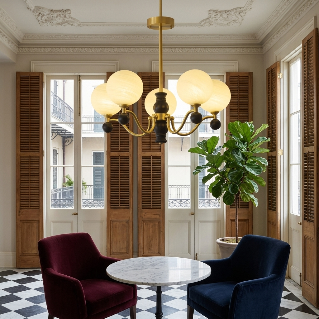 Ulyana brass and walnut glass globe chandelier, 5 lights, in a hotel lobby seating area
