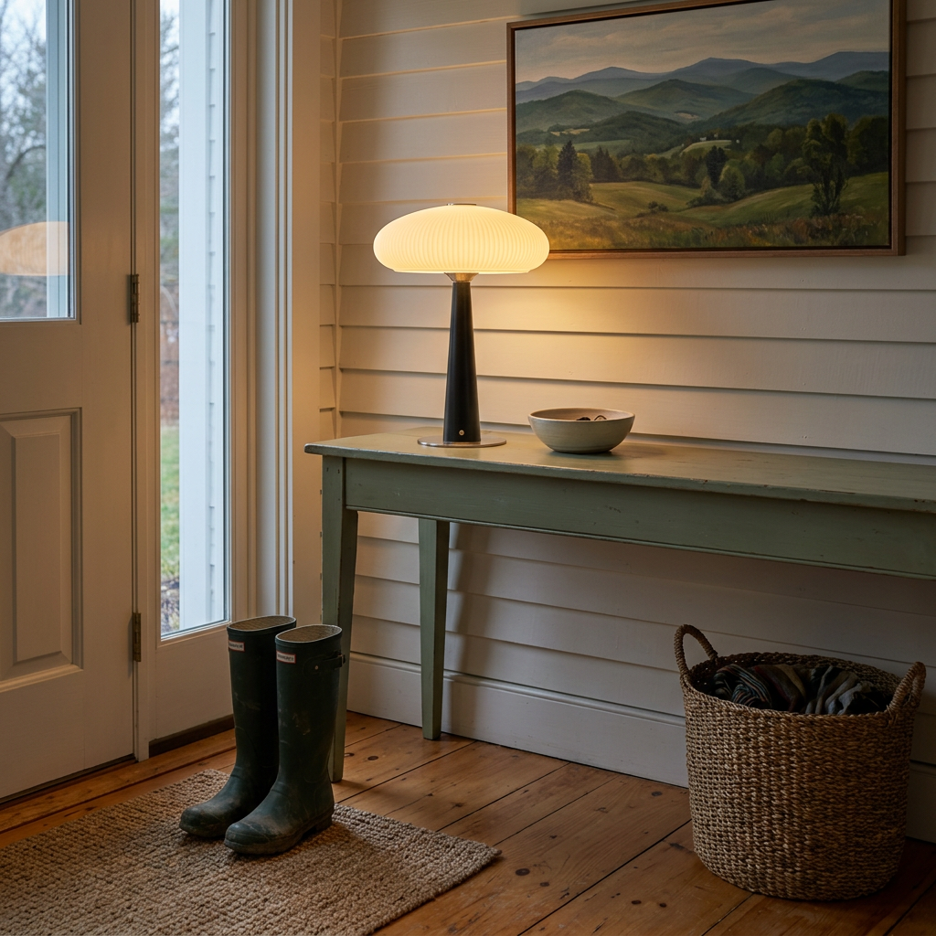Quintia fluted glass rechargeable LED table lamp on a farmhouse entryway console