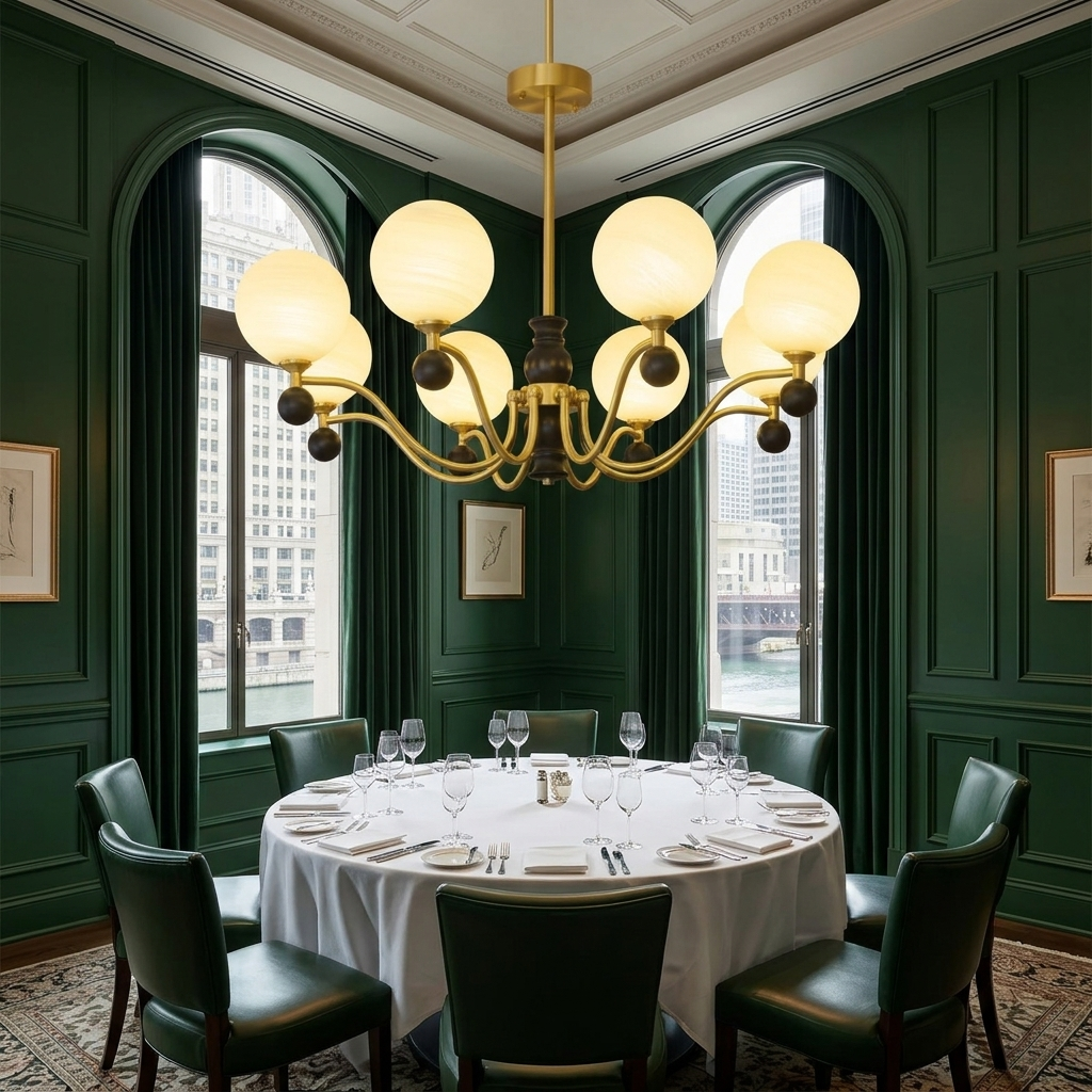 Ulyana brass and walnut glass globe chandelier, 8 lights, in a restaurant private dining room