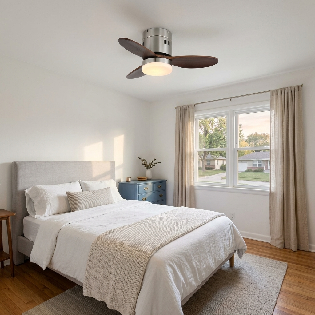 Joliette ceiling fan light Model A in a suburban guest bedroom