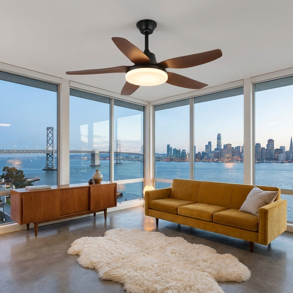 Junon walnut blade ceiling fan Model F in an apartment living room