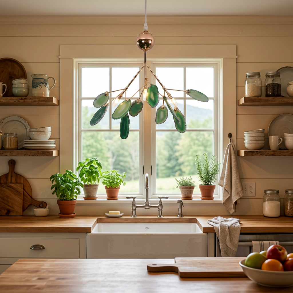 Calliste 4-head green agate rose gold chandelier over a farmhouse kitchen sink in Burlington