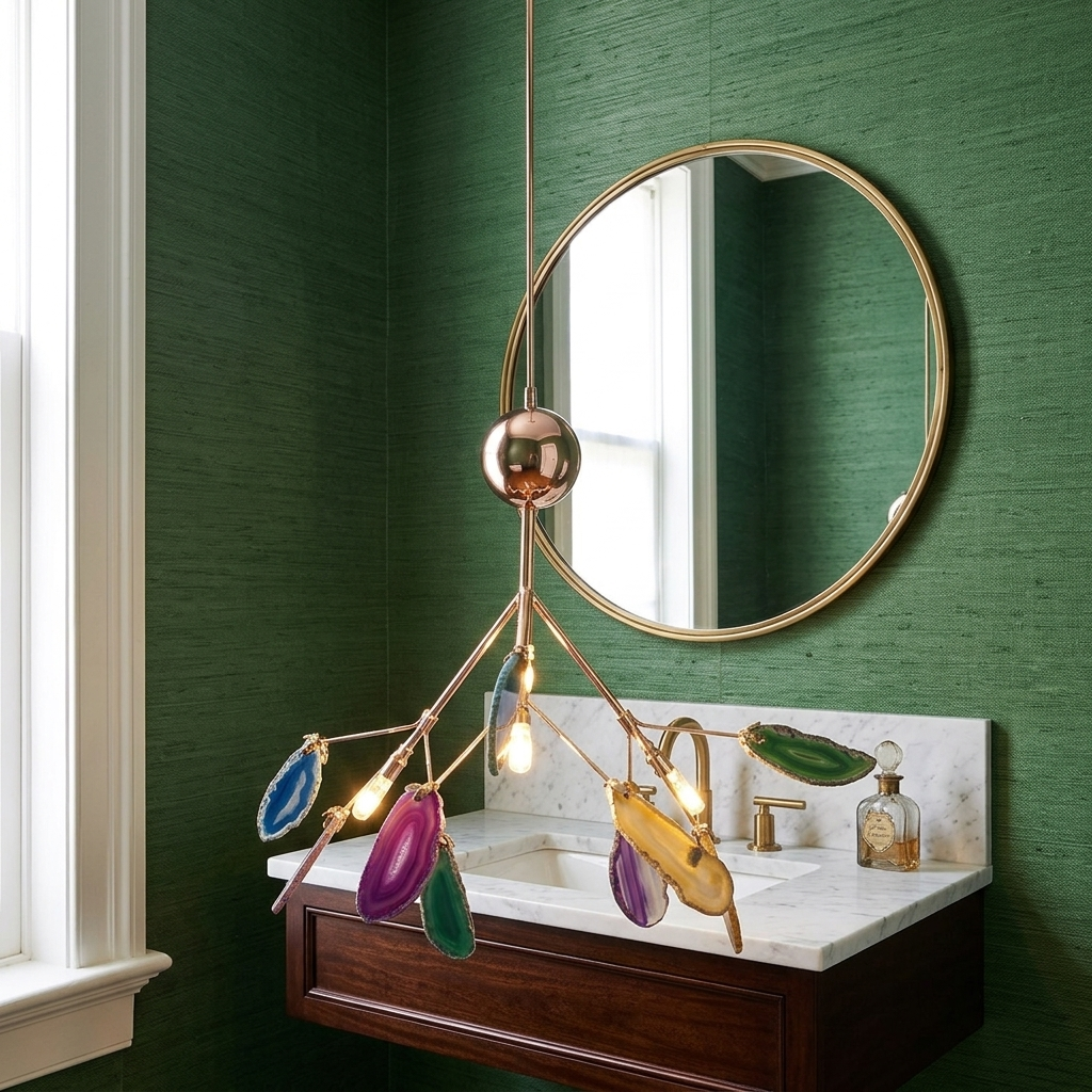 Calliste 4-head multicolor agate rose gold chandelier in a Charleston townhouse powder room