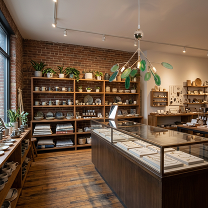 Calliste 4-head green agate rose gold chandelier in an Asheville boutique gift store