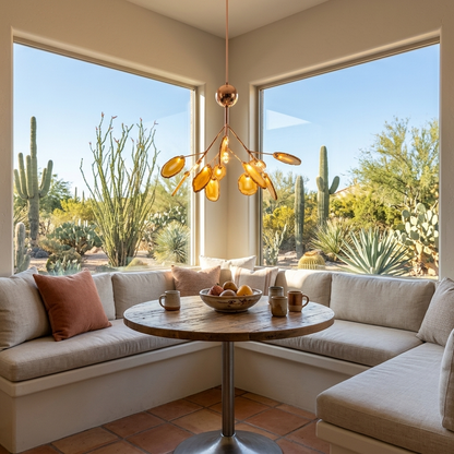 Calliste 4-head yellow agate rose gold chandelier over a breakfast nook table in a Phoenix home