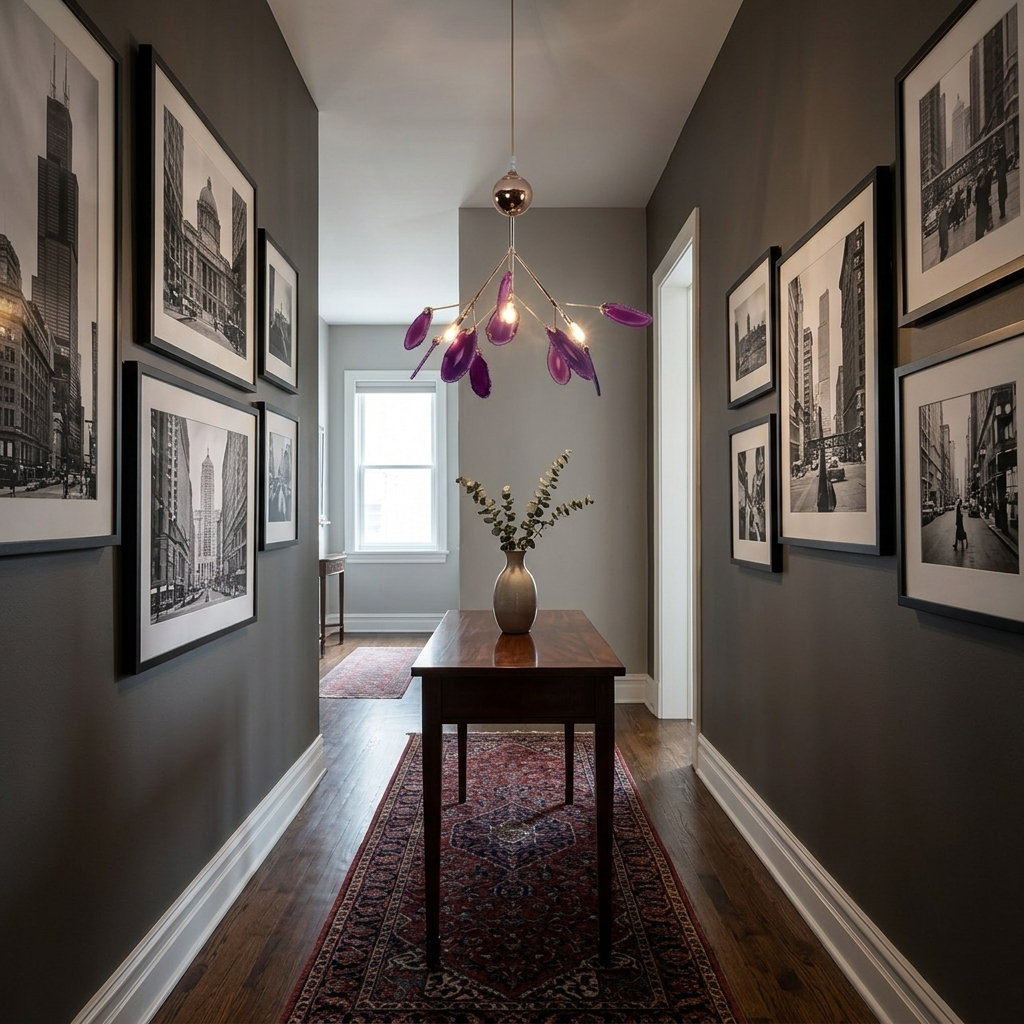Calliste 4-head purple agate rose gold chandelier in a Chicago brownstone hallway