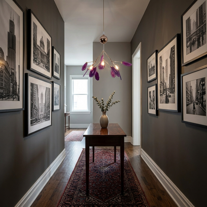 Calliste 4-head purple agate rose gold chandelier in a Chicago brownstone hallway