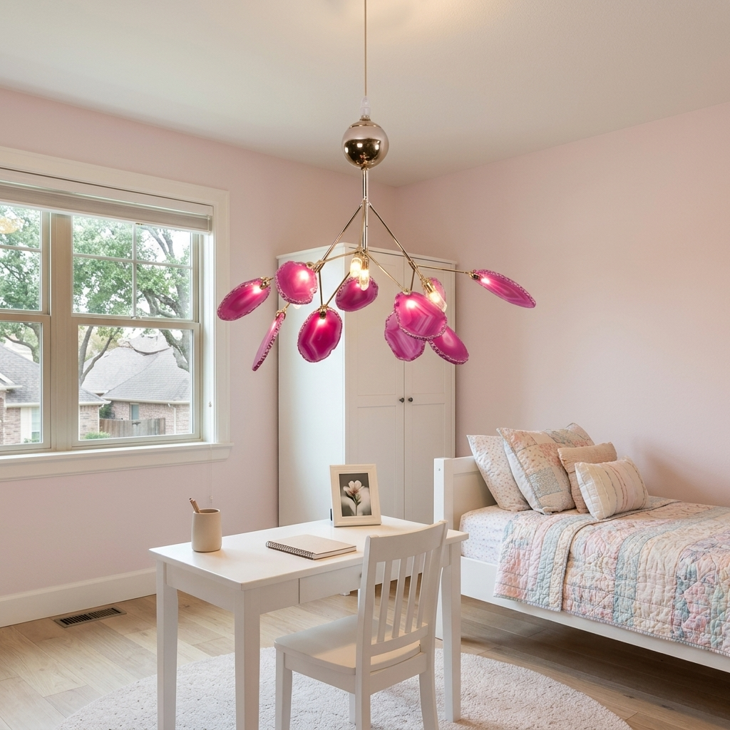 Calliste 4-head pink agate rose gold chandelier in a girl&
