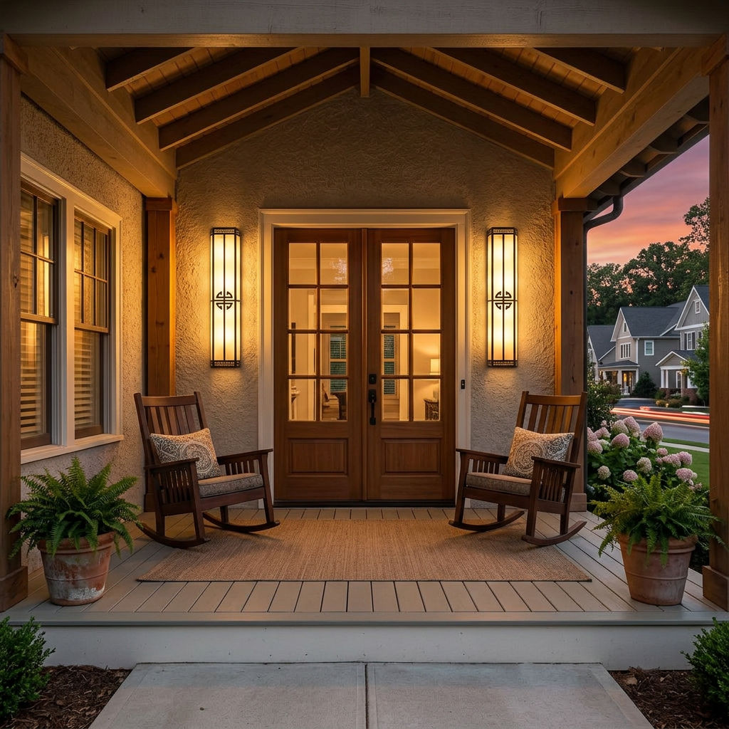 Wrenna alabaster outdoor wall lights flanking the front door of a craftsman house porch