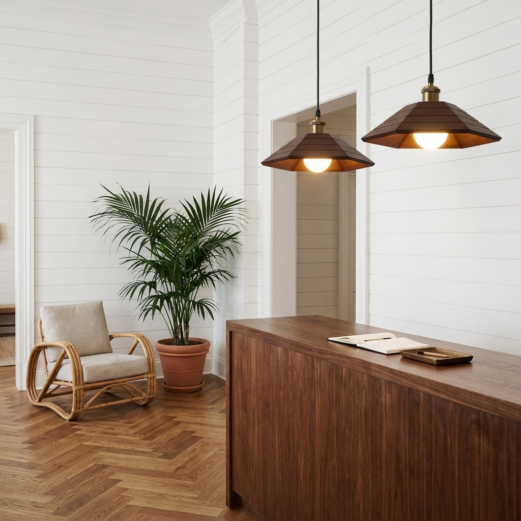 Vespera pendant lights in Walnut Wood over a hotel reception desk