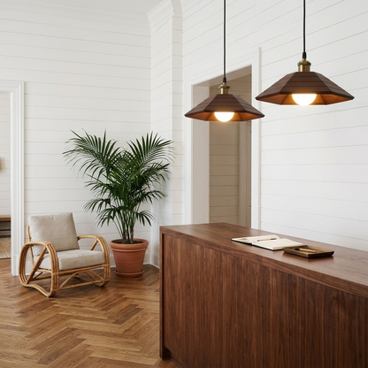 Vespera pendant lights in Walnut Wood over a hotel reception desk