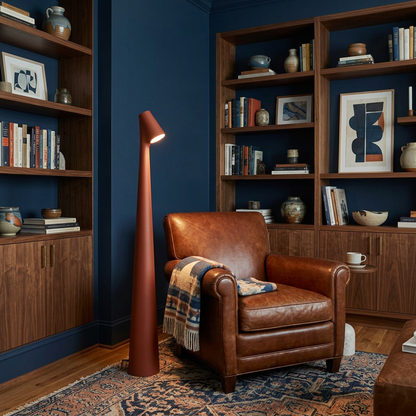 Yselle conical floor lamp in Red beside a leather armchair in a den