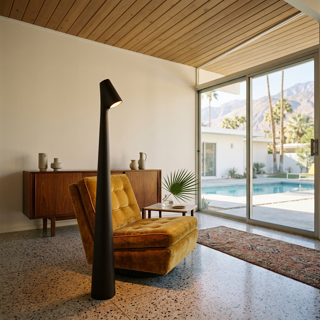 Yselle conical floor lamp in Dark Coffee in a mid-century living room