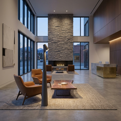 Yselle conical floor lamp in Grey in a hotel lobby lounge
