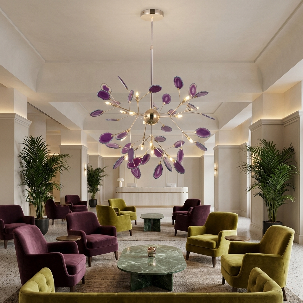 Calliste 16-head purple agate rose gold chandelier in a Kansas City boutique hotel lobby