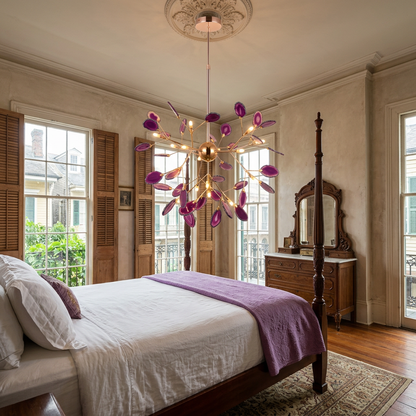 Calliste 16-head purple agate rose gold chandelier in a New Orleans Creole cottage bedroom