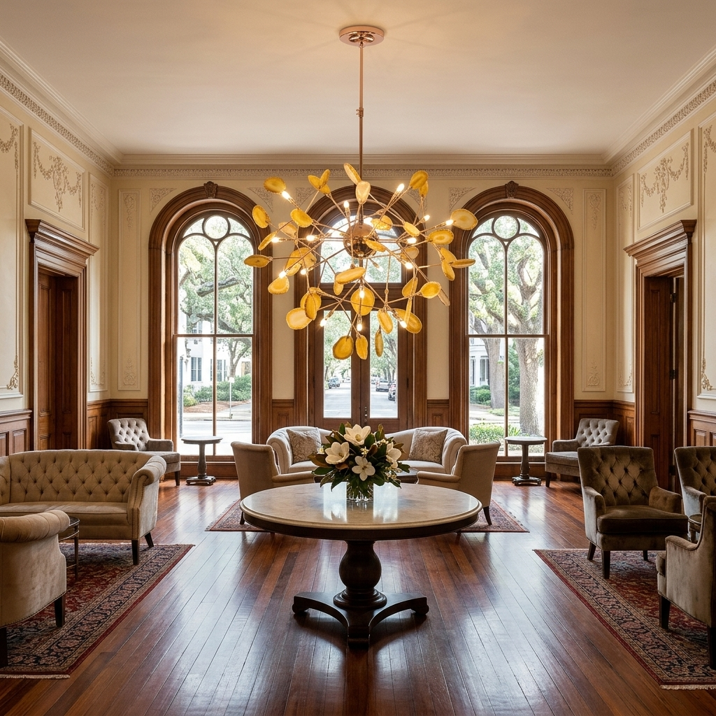 Calliste 20-head yellow agate rose gold chandelier in a Savannah historic hotel lobby