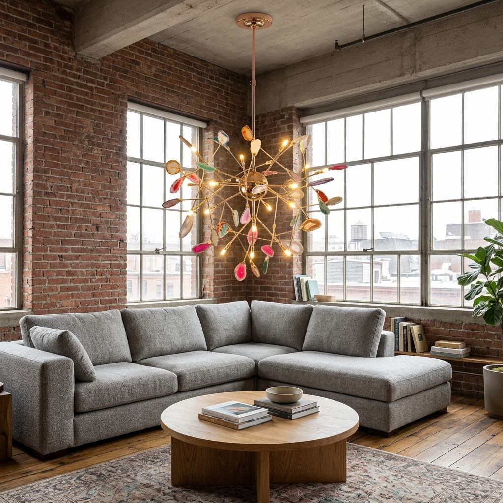 Calliste 20-head multicolor agate rose gold chandelier in a Hoboken loft living room