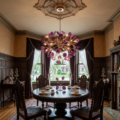 Calliste 20-head purple agate rose gold chandelier over a dining table in a Milwaukee Victorian home