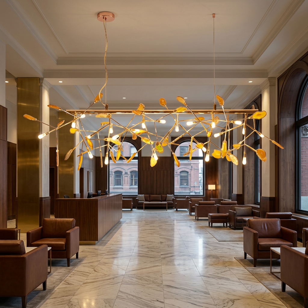 Calliste 24-head linear yellow agate rose gold chandelier in a St. Louis hotel lobby