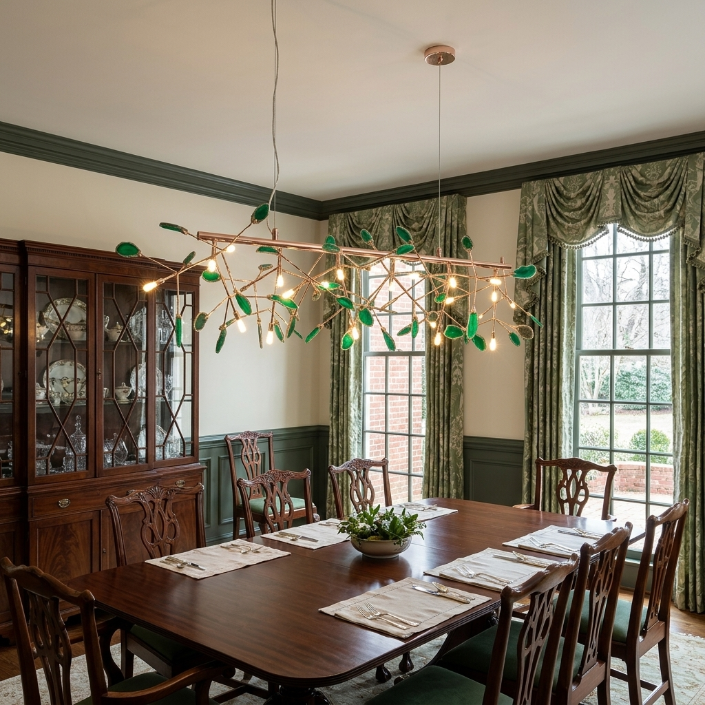 Calliste 24-head linear green agate rose gold chandelier over a dining table in a Richmond colonial home