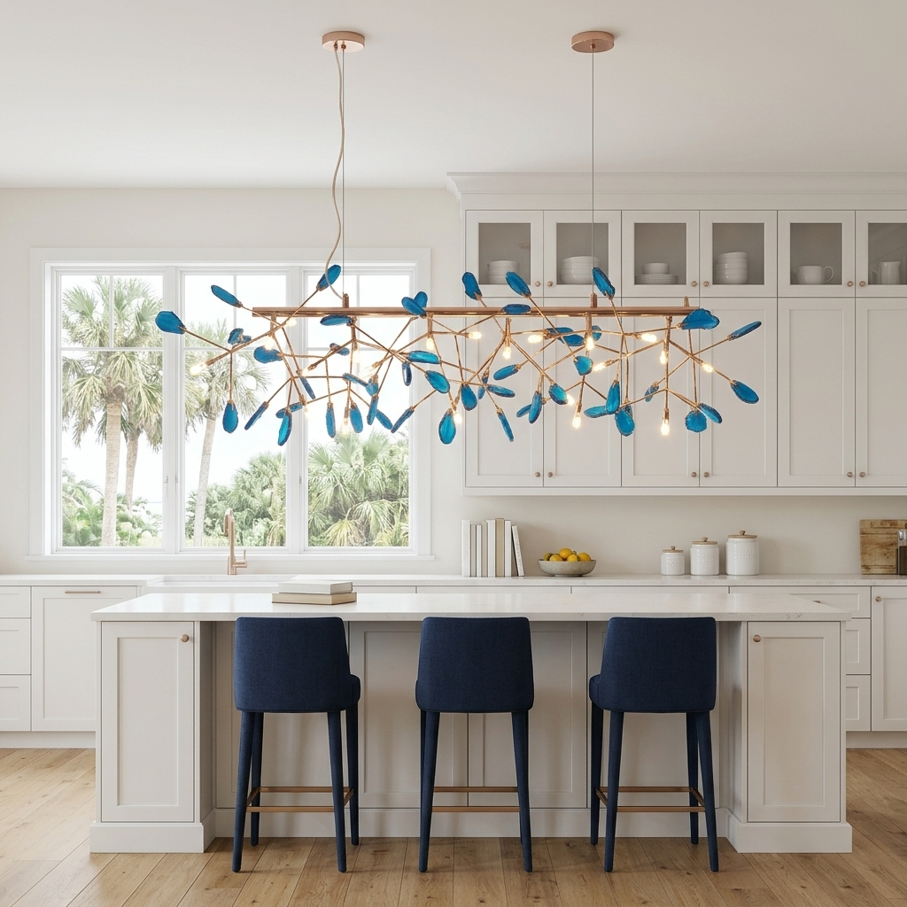 Calliste 24-head linear blue agate rose gold chandelier over a kitchen island in a Jacksonville coastal home