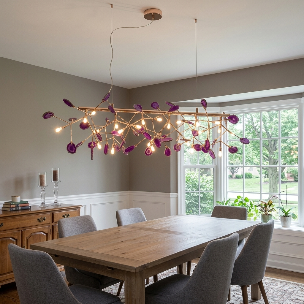 Calliste 24-head linear purple agate rose gold chandelier over a dining table in an Omaha home