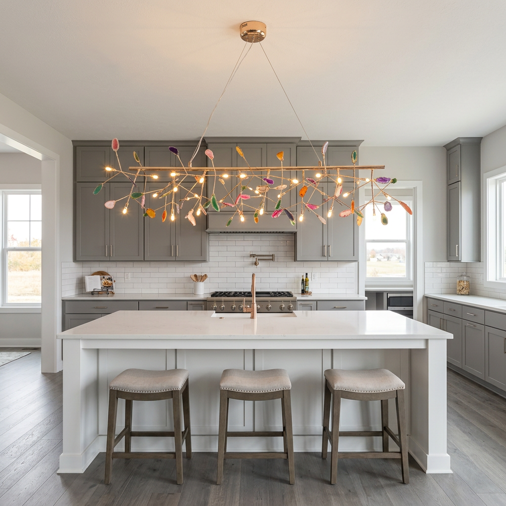Calliste 24-head linear multicolor agate rose gold chandelier over a kitchen island in an Indianapolis home