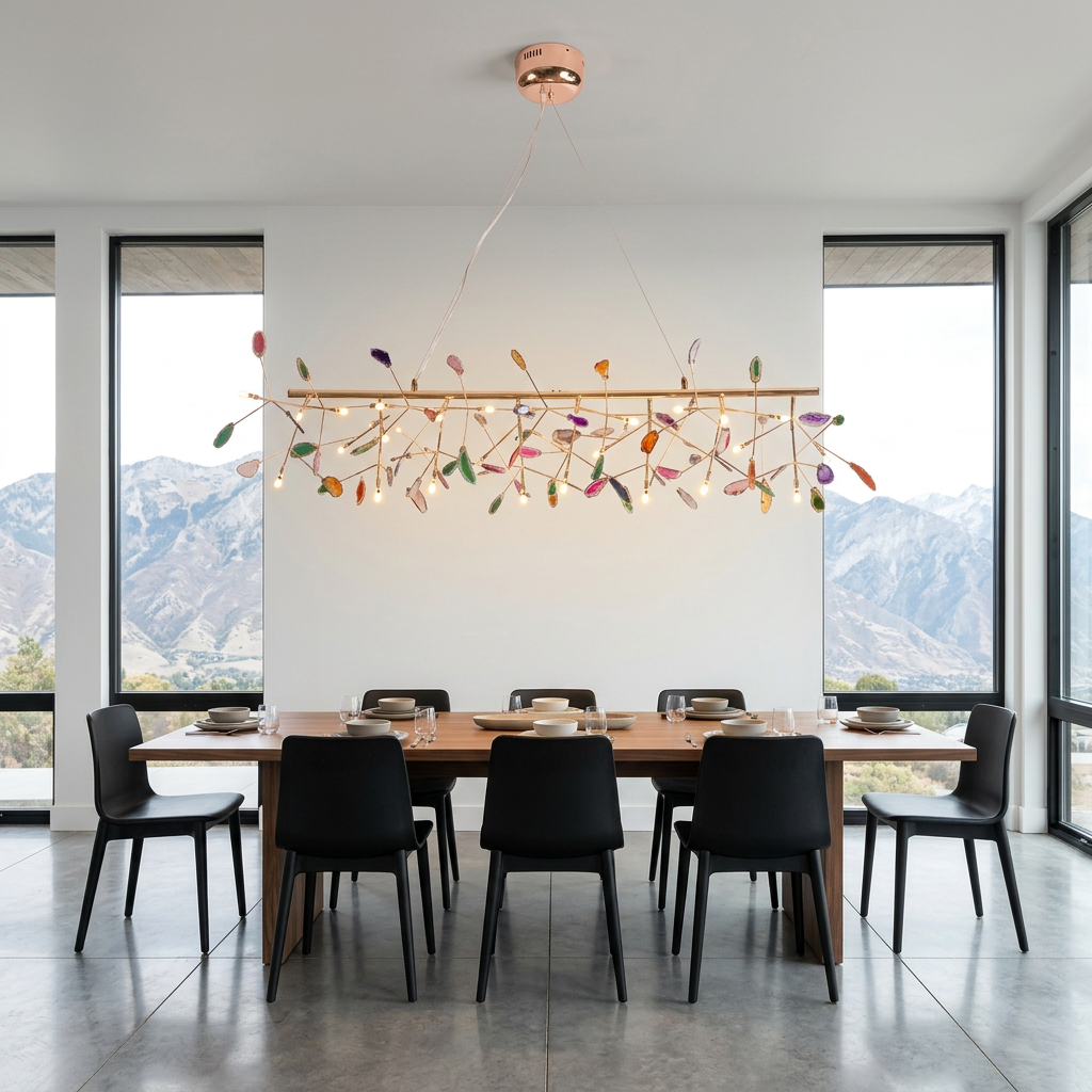 Calliste 24-head linear multicolor agate rose gold chandelier over a long dining table in a Salt Lake City home
