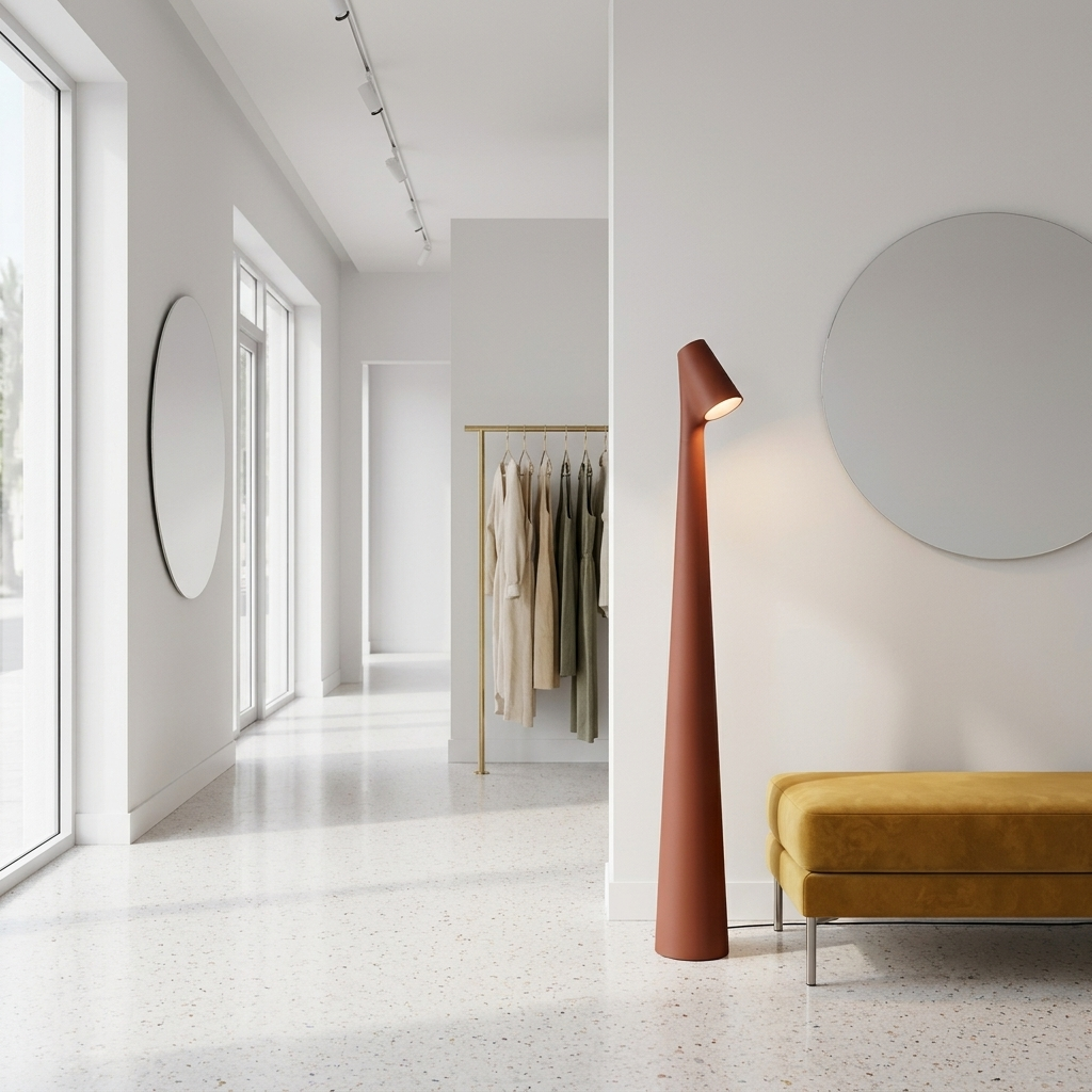 Yselle conical floor lamp in Red in a clothing boutique