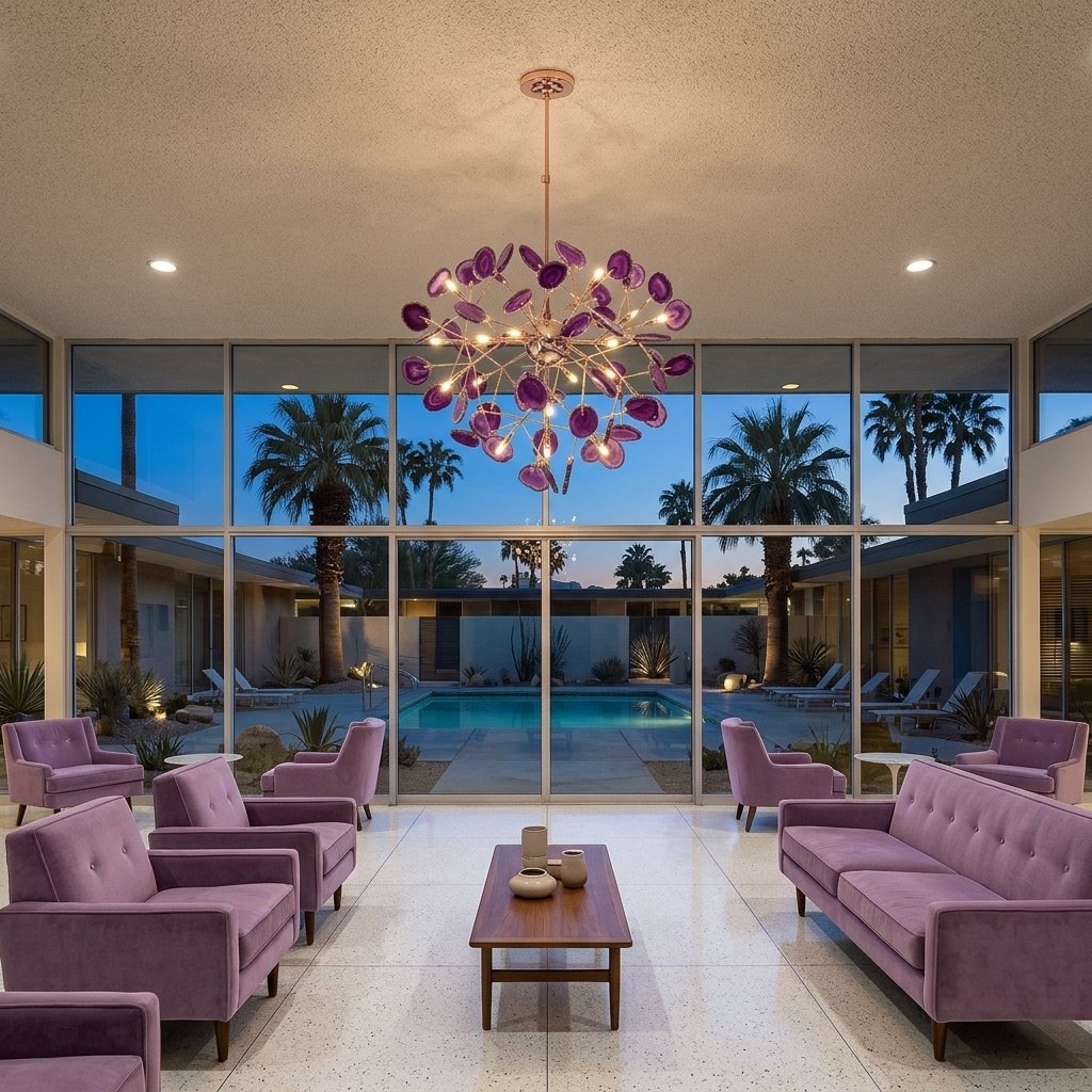 Calliste 20-head purple agate rose gold chandelier in a Palm Springs boutique hotel lobby