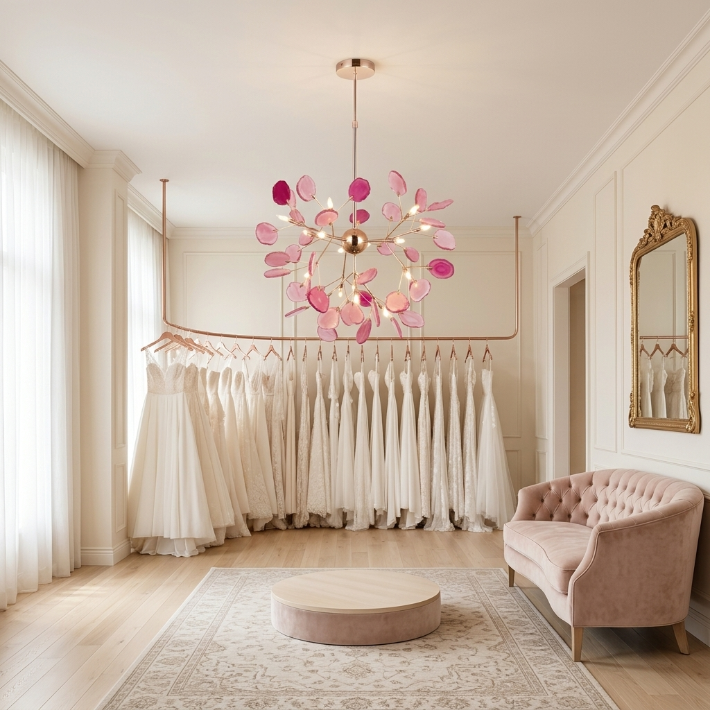Calliste 16-head pink agate rose gold chandelier in an empty Dallas bridal boutique