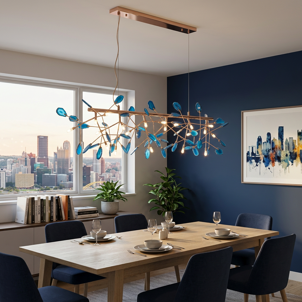 Calliste 24-head linear blue agate rose gold chandelier over a dining table in a Pittsburgh apartment
