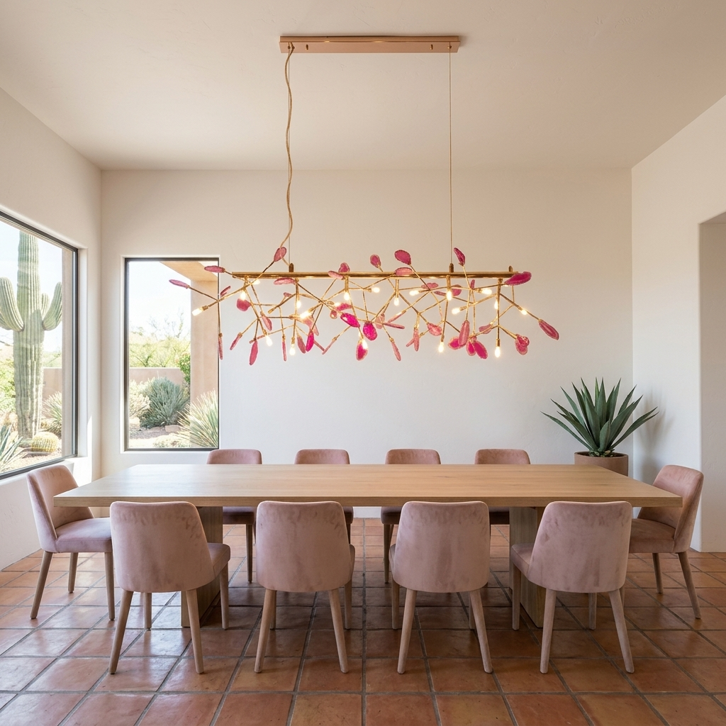 Calliste 24-head linear pink agate rose gold chandelier over a dining table in a Scottsdale home