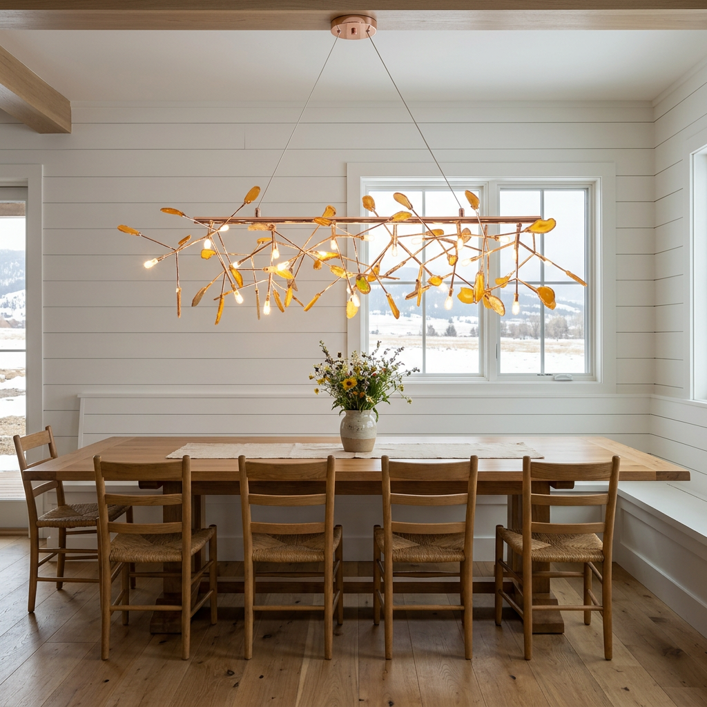 Calliste 24-head linear yellow agate rose gold chandelier over a dining table in a Bozeman farmhouse