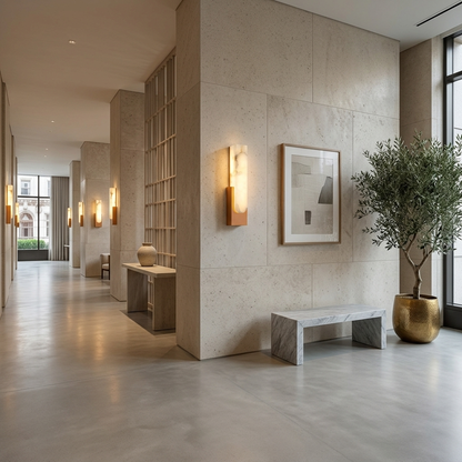 Adrielle alabaster LED wall sconce in Copper, hotel lobby, San Francisco CA