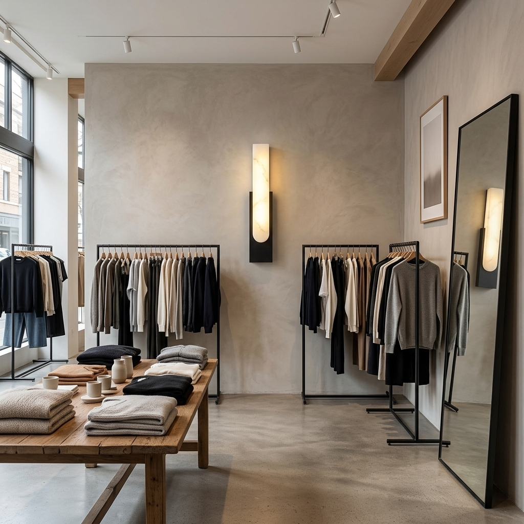 Adrielle alabaster LED wall sconce in Black, retail boutique, Portland OR